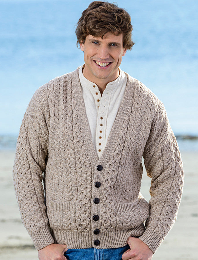Merino Wool Aran Men's V-Neck Cardigan - Wicker #color_wicker