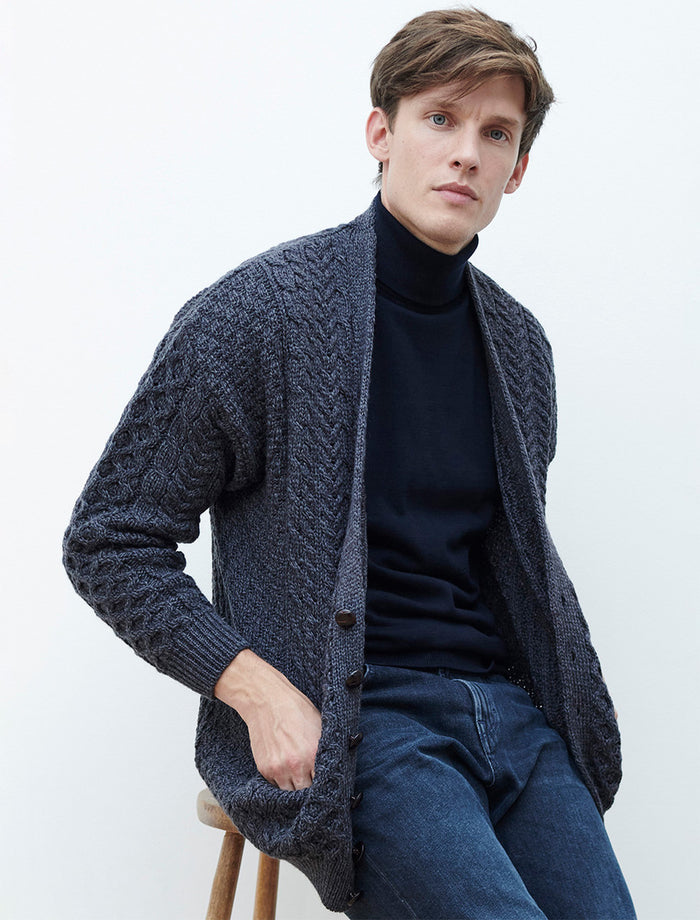 Merino Wool Aran Men's V-Neck Cardigan - Derby #color_derby