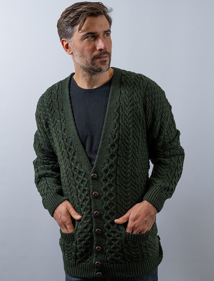 Merino Wool Aran Men's V-Neck Cardigan - Army Green #color_army-green