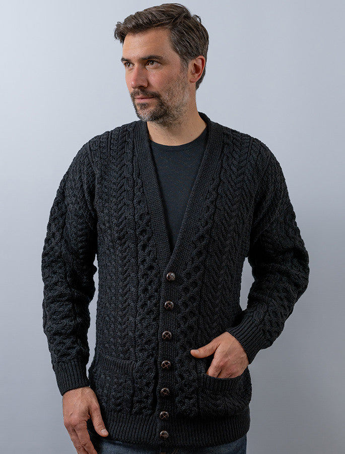 Merino Wool Aran Men's V-Neck Cardigan - Black #color_black