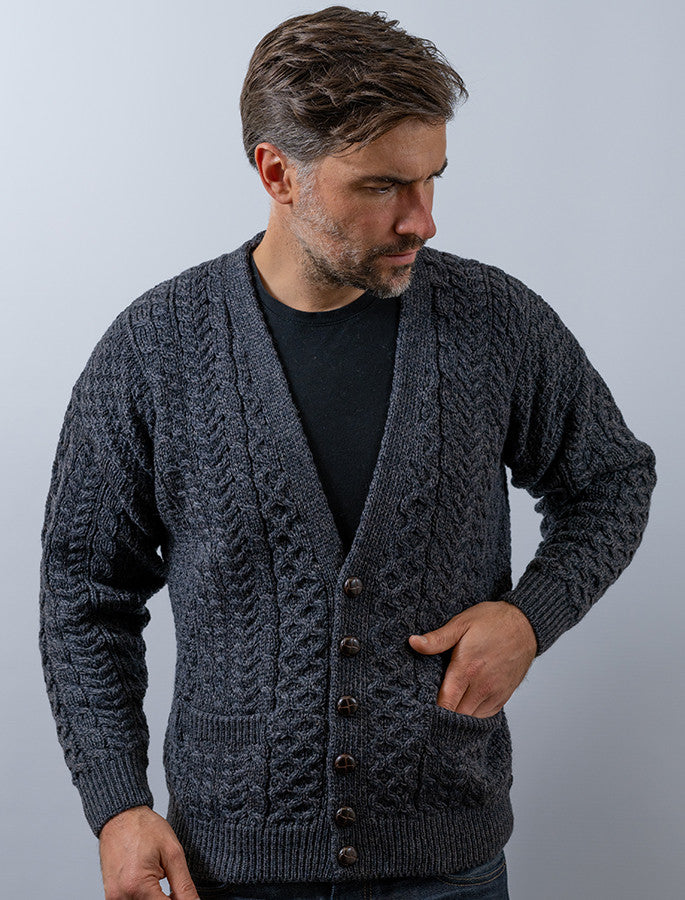Merino Wool Aran Men's V-Neck Cardigan - Derby #color_derby