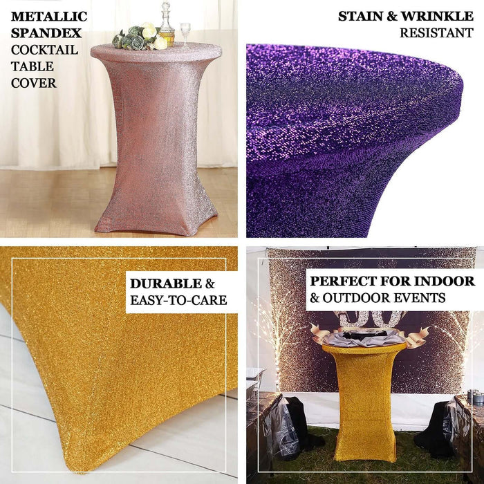 Metallic spandex cocktail table covers in various colors, stain and wrinkle resistant.