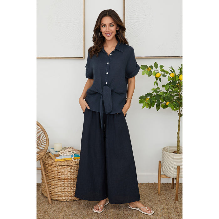 Milio Milano Linen Balloon Sleeve V-Neck Top – Navy
