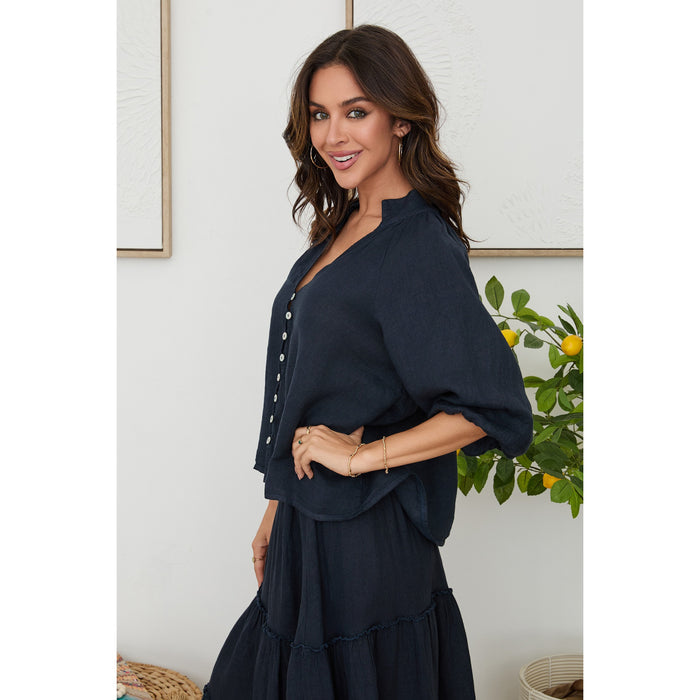Milio Milano Linen Balloon Sleeve V-Neck Top – Navy