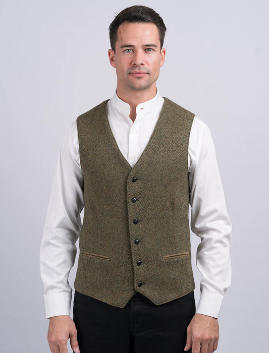 Moss Green Herringbone Tweed Waistcoat