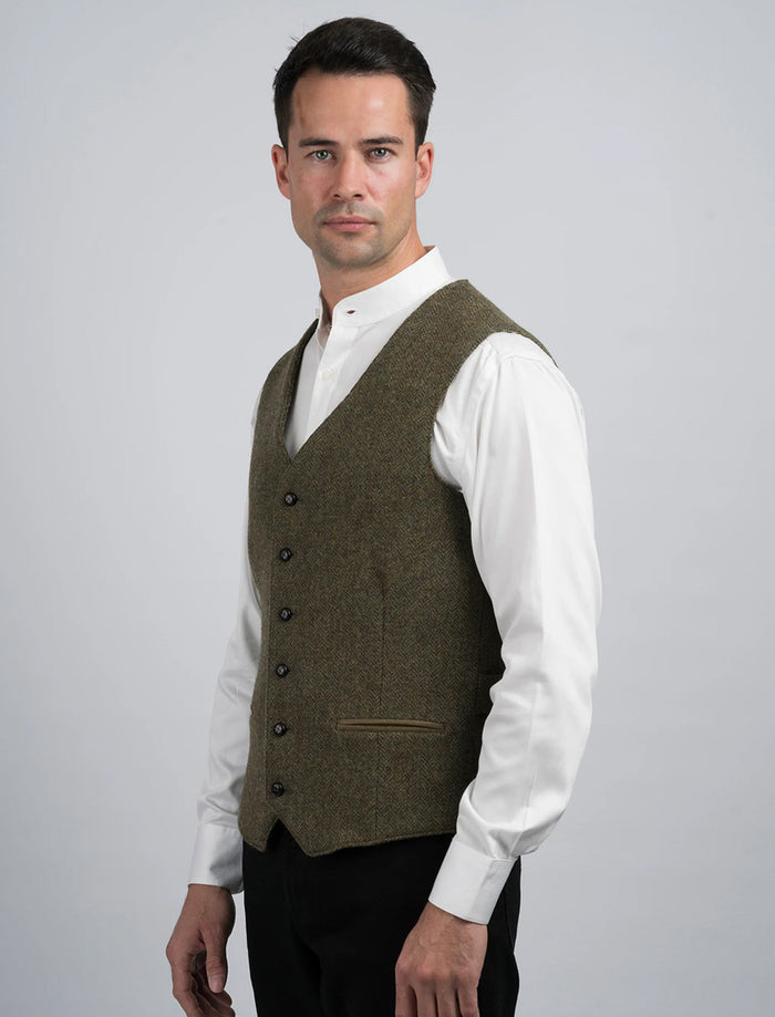 Moss Green Herringbone Tweed Waistcoat