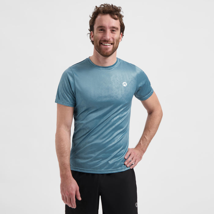 Rogelli Motion hardloopshirt korte mouw heren blauw gedragen voorkant.