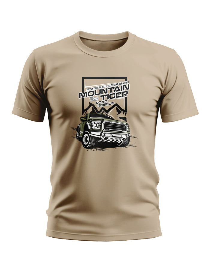 Beige men's t-shirt featuring a mountain road rescue truck graphic and adventure text.