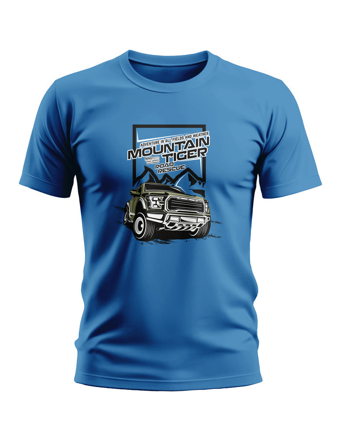 Blue men’s graphic t-shirt with off-road truck and mountain adventure print