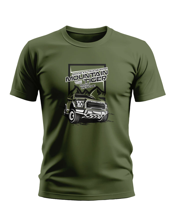 Olive green men's t-shirt with 4x4 truck and 'Mountain Tiger Road Rescue' adventure print