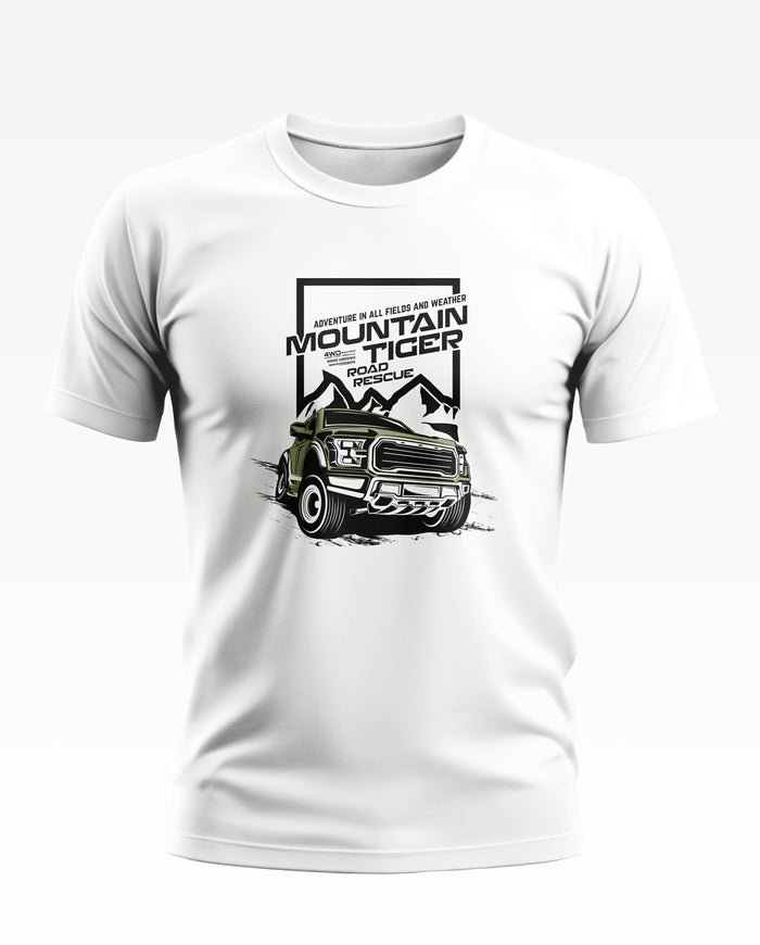 White men's t-shirt with mountain rescue truck and 'Mountain Tiger' adventure graphic print