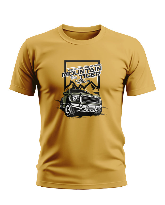 Yellow men's graphic t-shirt with Mountain Tiger road rescue truck and mountain print