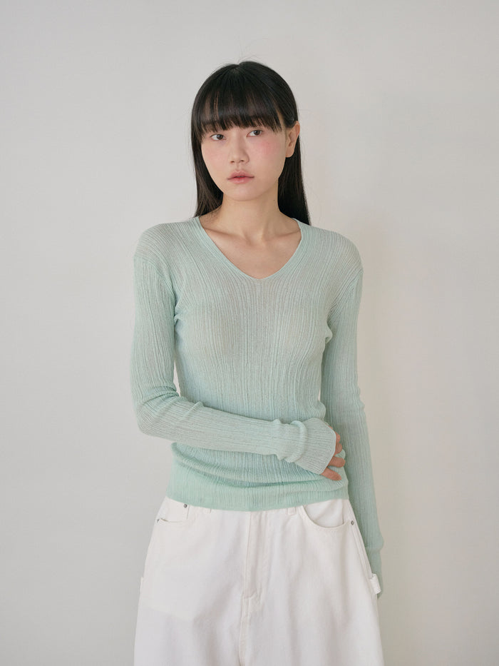 Multi Rib V-neck Pullover - Mint