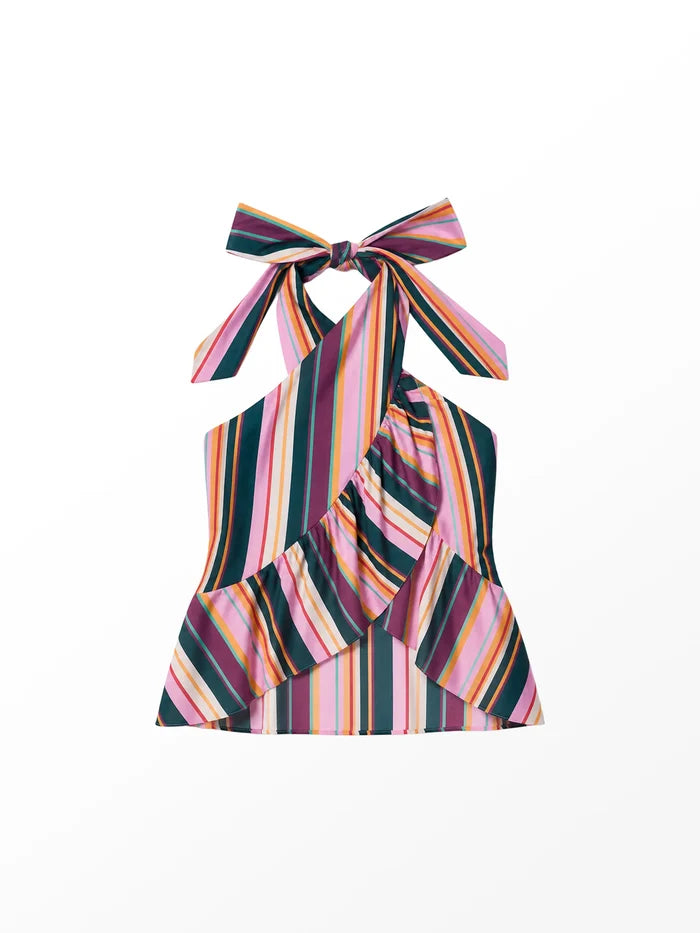 Multi Stripe Ruffle Wrap Top
