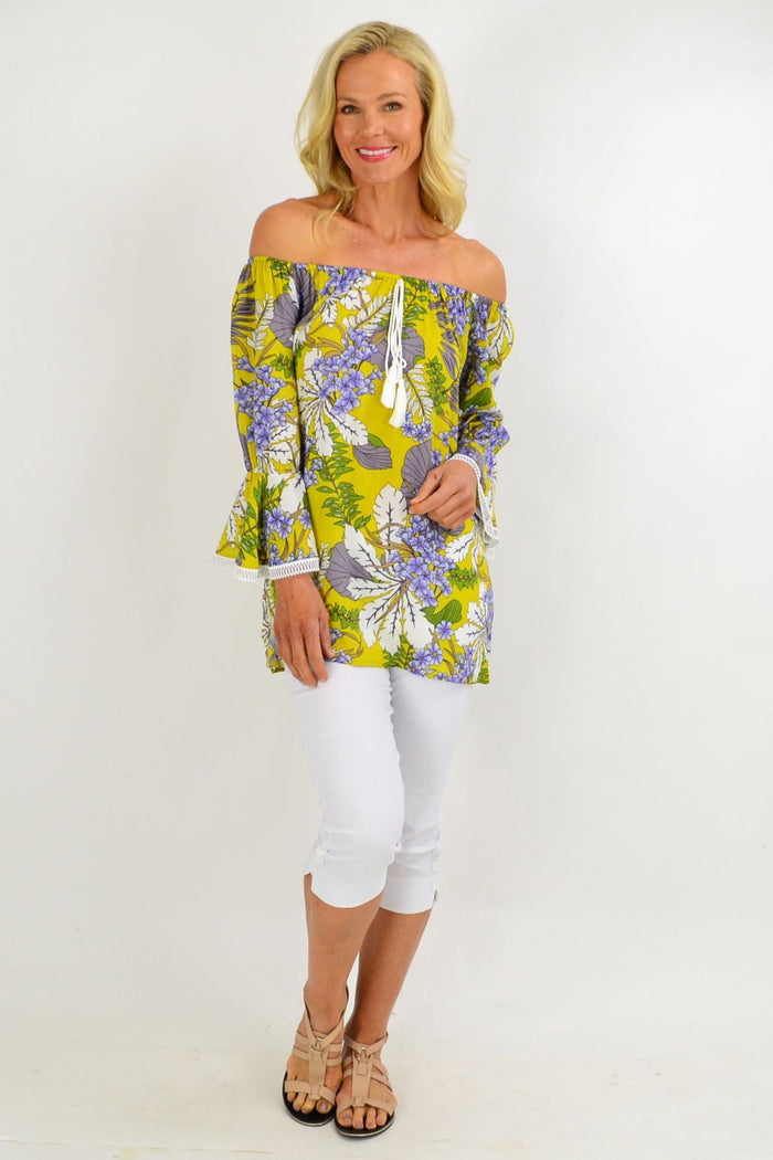 Mustard tropical floral tassel off-shoulder tunic top by Missy Q, featuring vibrant summer print and tassel details.