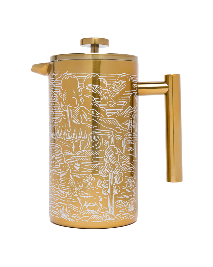 Brass French Press With Designs Inspired By National Parks | bronze