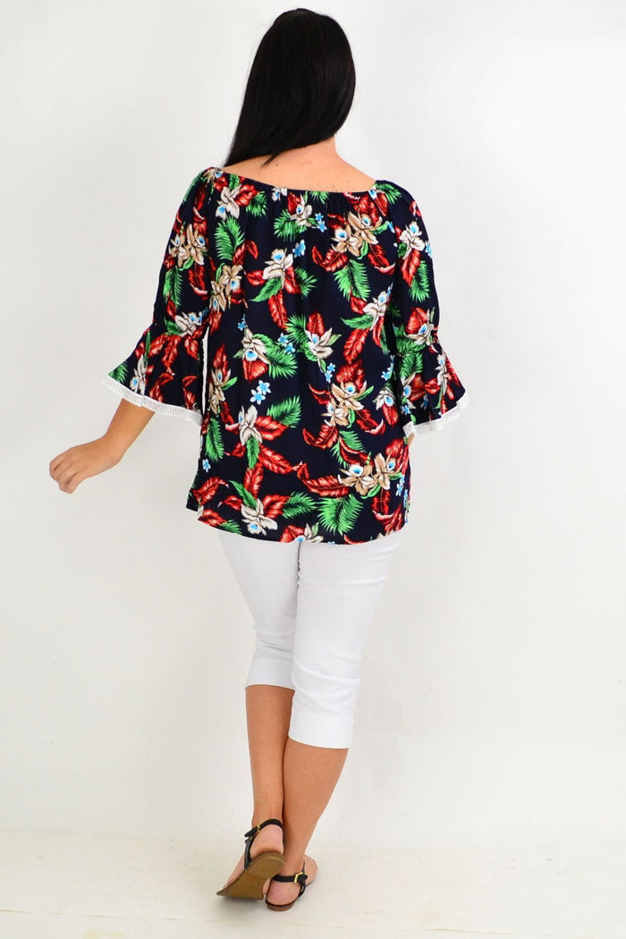 Navy tropical tassel off-shoulder tunic top with floral rayon fabric, casual boho style by Missy Q.