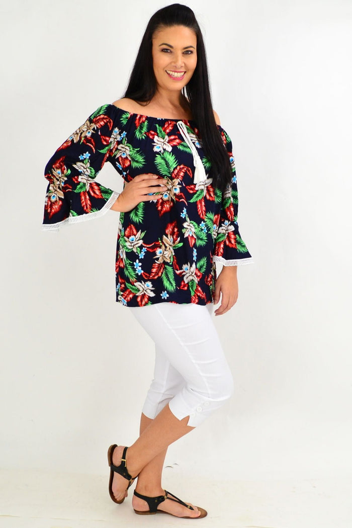 Navy tropical tassel off-shoulder tunic top with boho floral rayon fabric, stylish and relaxed fit by Missy Q.