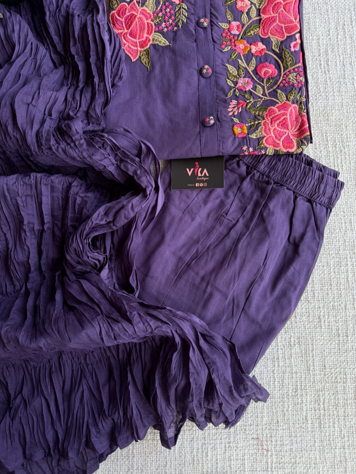 Neck hand emb work cotton suit set - Purple