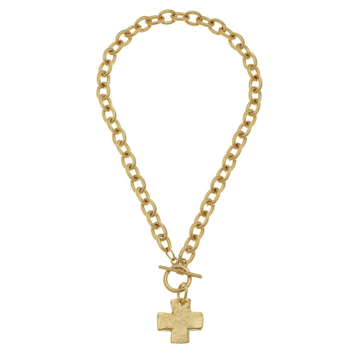 Necklace Cross Gold Front Toggle Handcast 16"