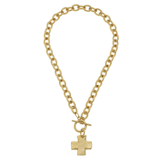 Necklace Cross Gold Front Toggle Handcast 16"