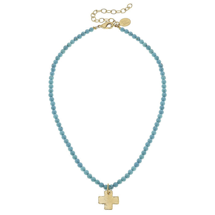Necklace Cross Gold on Turquoise Beaded
