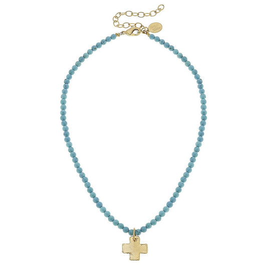 Necklace Cross Gold on Turquoise Beaded