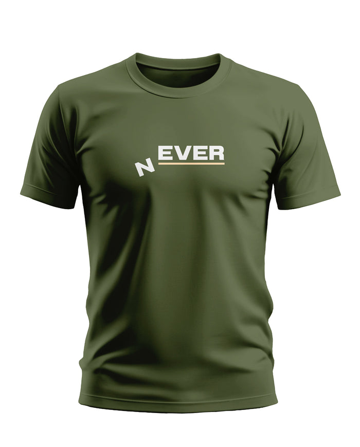 Olive green men's t-shirt with bold white 'NEVER' text graphic on front
