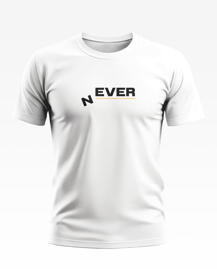 White men's t-shirt with bold N EVER graphic text design on the chest.