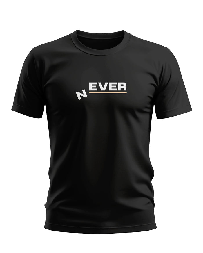 Black men's t-shirt with bold white 'NEVER' graphic text design on the chest
