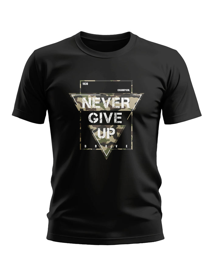 Black men's t-shirt with camouflage triangle and 'Never Give Up' motivational print
