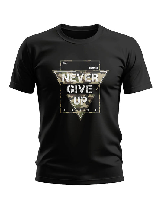 Black men's t-shirt with camouflage triangle and 'Never Give Up' motivational print