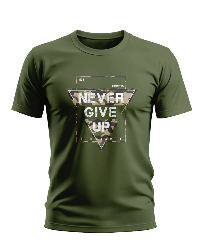 Olive green men's t-shirt with camo print and 'Never Give Up' motivational text