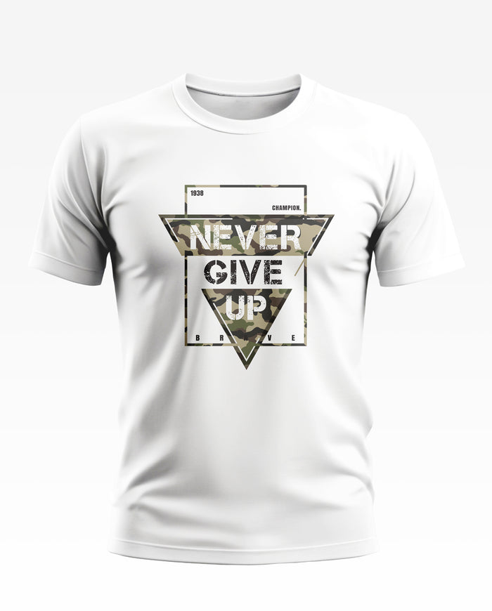 White men's t-shirt with camo triangle and 'Never Give Up' motivational text design