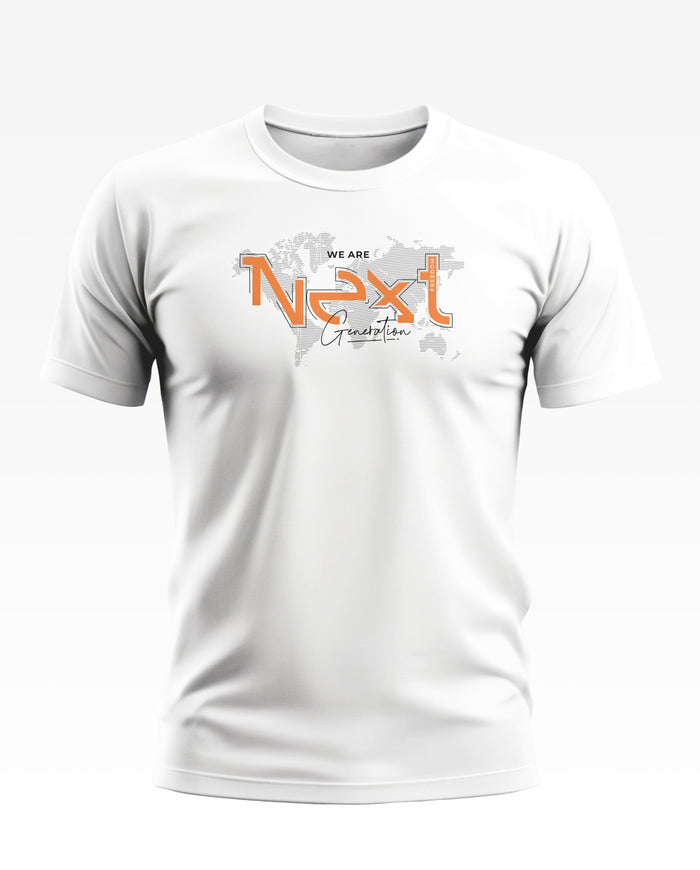 White men's t-shirt with 'We are Next Generation' graphic and world map design on chest