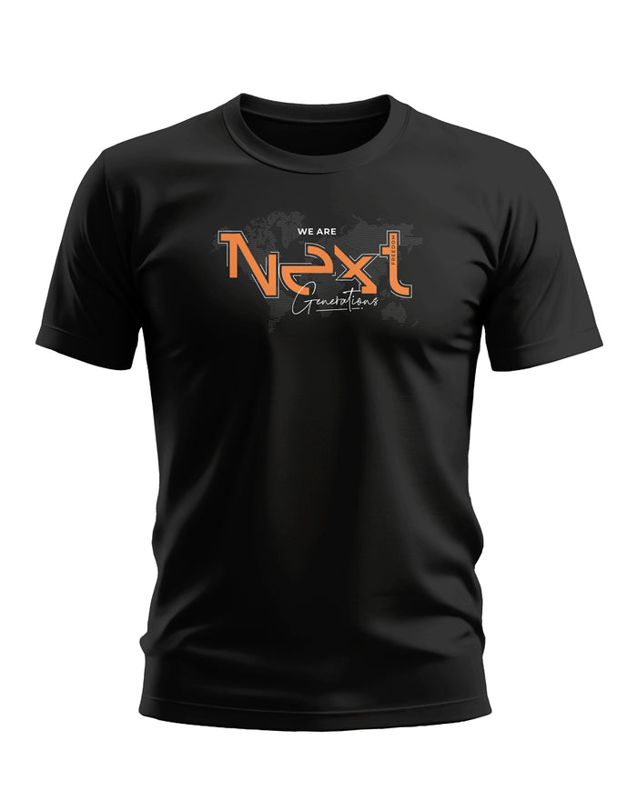 Black men's t-shirt with orange 'We Are Next Generations' graphic text on chest