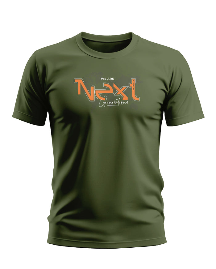 Olive green men's t-shirt with 'We Are Next Generations' text graphic on front