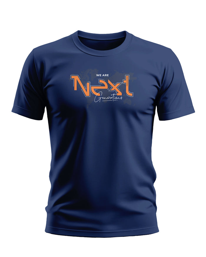 Navy blue men's t-shirt with 'We Are Next Generations' orange and white graphic text
