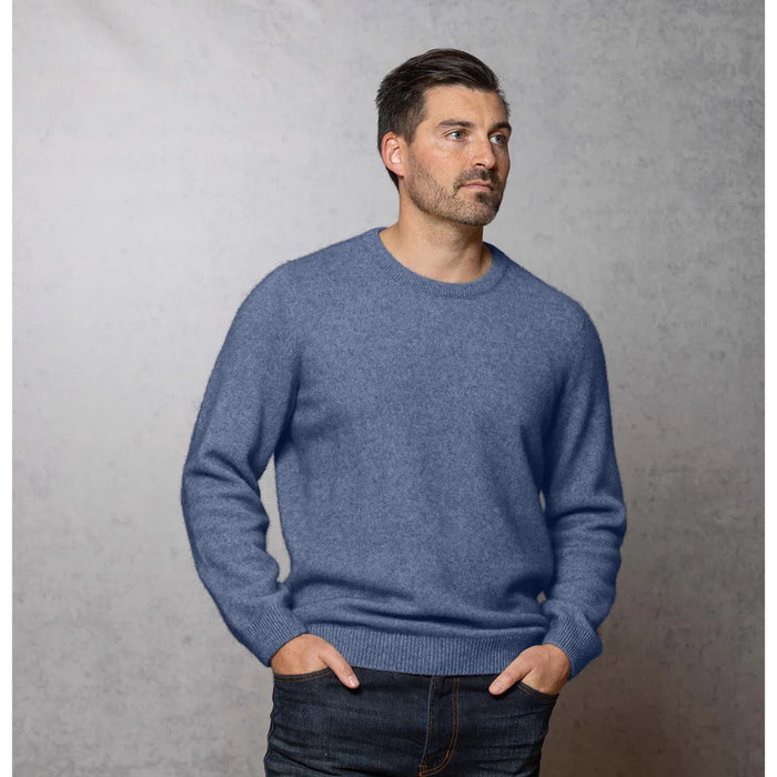 Man wearing the Noble Wilde - Merino & Possum Cambridge Crew Sweater (NW1001) in the colour Bahama.