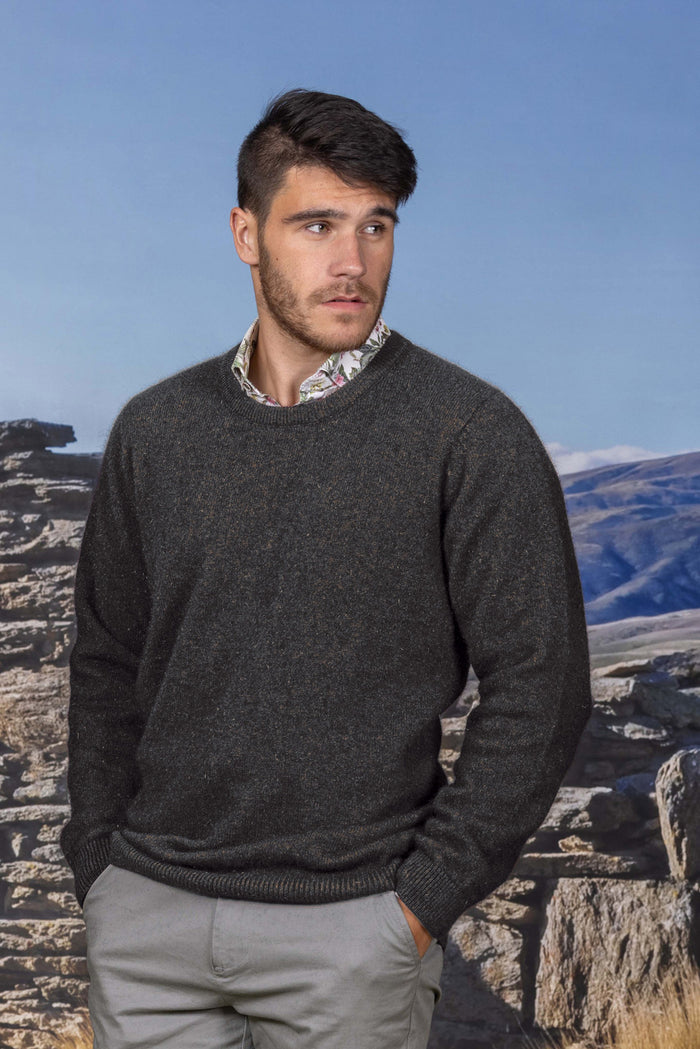 Man wearing the Noble Wilde - Merino & Possum Cambridge Crew Sweater (NW1001) in the colour Moraine.