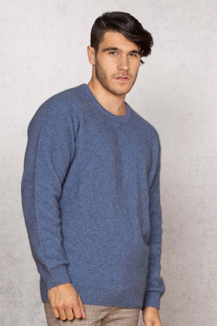 Man wearing the Noble Wilde - Merino & Possum Cambridge Crew Sweater (NW1001) in the colour Bahama.