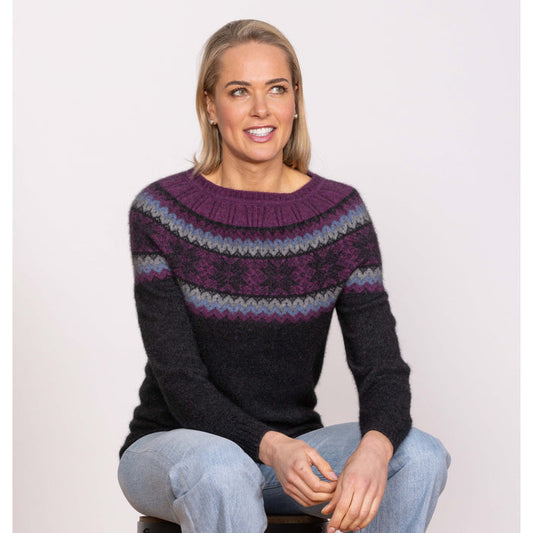 Woman wearing Noble Wilde - Merino & Possum Norwdarn Sweater (NW3177) in the colour Twilight Base