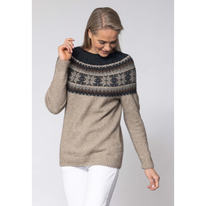 Woman wearing Noble Wilde - Merino & Possum Norwdarn Sweater (NW3177) in the colour Oyster Base