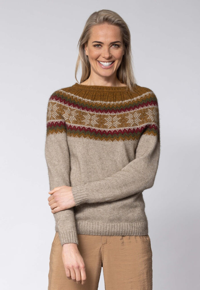 Woman wearing Noble Wilde - Merino & Possum Norwdarn Sweater (NW3177) in the colour Tahiti Base