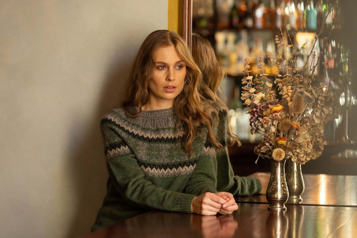 Woman wearing Noble Wilde - Merino & Possum Norwdarn Sweater (NW3177) in the colour Jungle Base