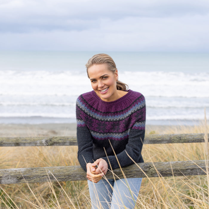 Woman wearing Noble Wilde - Merino & Possum Norwdarn Sweater (NW3177) in the colour Twilight Base