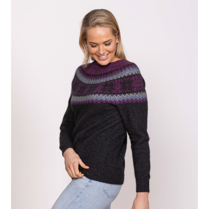 Woman wearing Noble Wilde - Merino & Possum Norwdarn Sweater (NW3177) in the colour Twilight Base