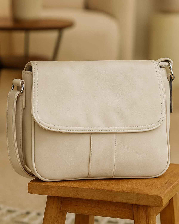 Nola Half Flap Soft Faux Leather Handbag - Cream - The Classic Boutique