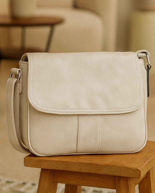 Nola Half Flap Soft Faux Leather Handbag - Cream - The Classic Boutique