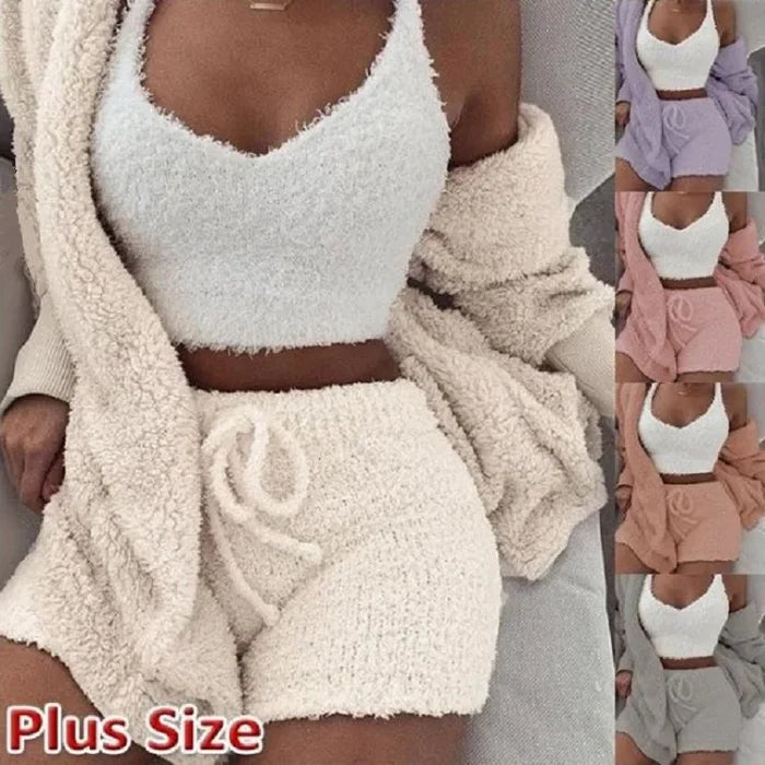 Nova | Women's Fluffy Pyjama Set – 3-Piece Sleepwear Hoodie Tank Top and Shorts